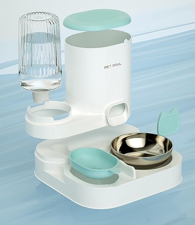 Automatic Cat Feeder & Water Dispenser - Dual Container for Dry/Wet Food, Two-in-One Upgraded Gravity Feeder and Water Dispenser Combo Set for Cats and Dogs. (Grey)-PawvioPets