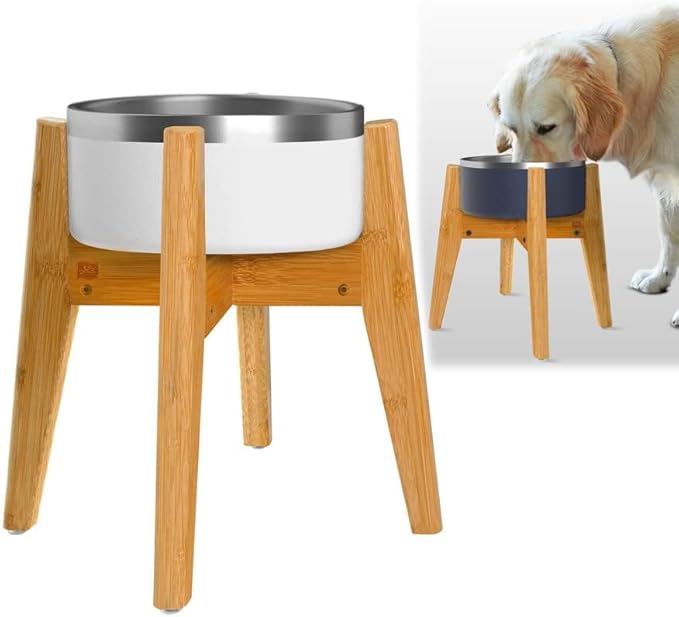 Dog Bowl Stand (14-inch High) - Ideal for Large Breeds, Use to Elevate, Raise Pet Dishes, Water Fountains and Slow Feeders - Adjustable Sideways, Bamboo - (Bowls not Included)-PawvioPets