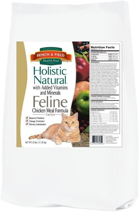 Bench & Field Holistic Natural Premium Adult Dry Cat Food, Chicken Meal and Brown Rice Recipe 25 lb Bag (Pack of 1)-PawvioPets