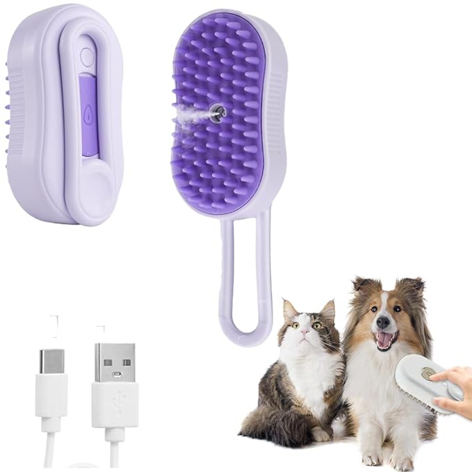 4-in-1 Cat Grooming Steam Brush, Pet Hair Shedding, Massage, Cleaning, Combing (purple)-PawvioPets