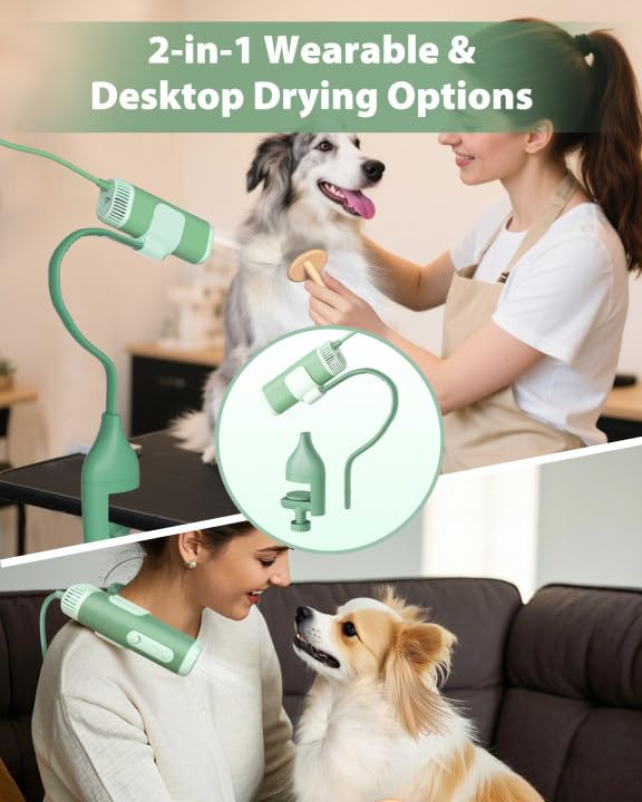 2-in-1 Hands-Free Dog Hair Dryer with Table Clamp – Low Noise Pet Grooming Dryer for Dogs & Cats, Adjustable Heat & Speed, Wearable or Desktop Use(Green)-PawvioPets