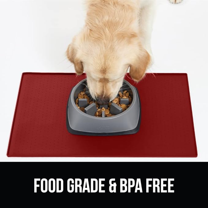 GORILLA GRIP 100% Waterproof Raised Edge BPA Free Silicone Pet Feeding Mat, Dog Cat Food Mats Contain Spills Protects Floors, Placemats for Cats and Dogs Water Bowl, Pets Accessories 23x15 Red-PawvioPets