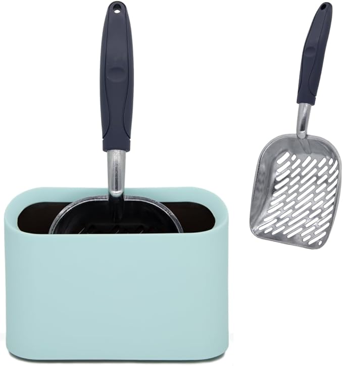 Aluminum Cat Litter Scoop in Holder, Non-Stick Cat Poop Scooper with Holder, Fast Sifting Kitten Poop Lifter and Caddy (Blue)-PawvioPets