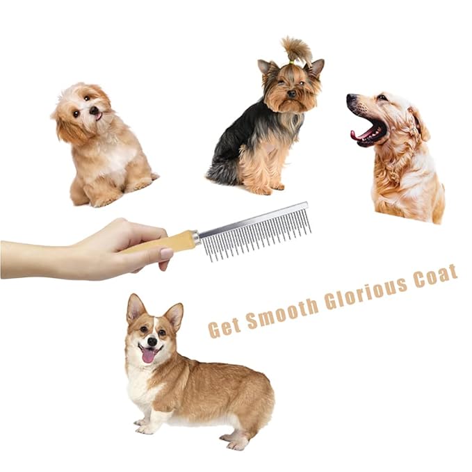 Dog Cat Grooming Comb with Wooden Handle Stainless Steel Teeth, Pet Grooming Supplies Accessories for Hairy Pets (Dual Teeth)-PawvioPets