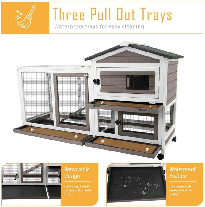 57" L Rabbit Hutch Indoor Outdoor 2 Story Large Bunny Hutch with Run Guinea Pig Cage Wooden Rabbit Cage with Removable 3 Pull Out Trays Pet House for Small-Medium Animals-PawvioPets