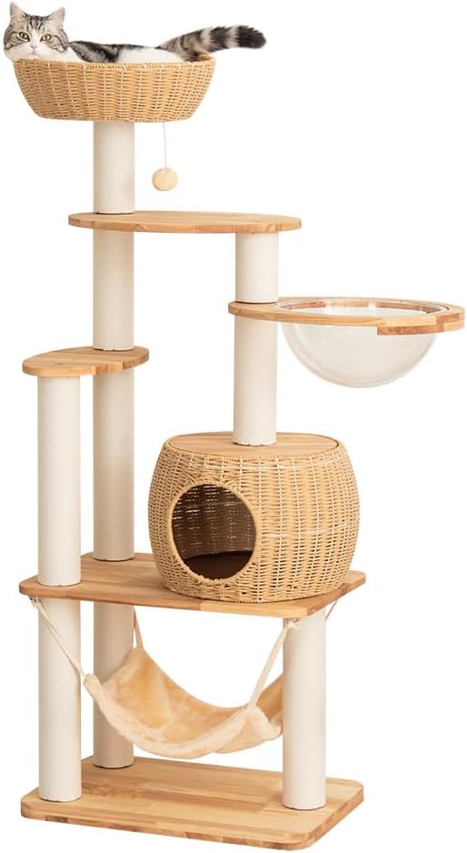 57'' Cat Tower for Large Cats, Manual Hand Woven Modern Multi-Level Condo with Natural Wood, Cat Activity Centre for Medium and Big Pets-PawvioPets