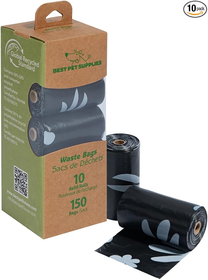 Best Pet Supplies Poop Bags for Dogs, 50% Post-Consumer Recycled Content dog waste bags on rolls, fits all poop bag holders for leashes - Black, 150 Count, Unscented-PawvioPets