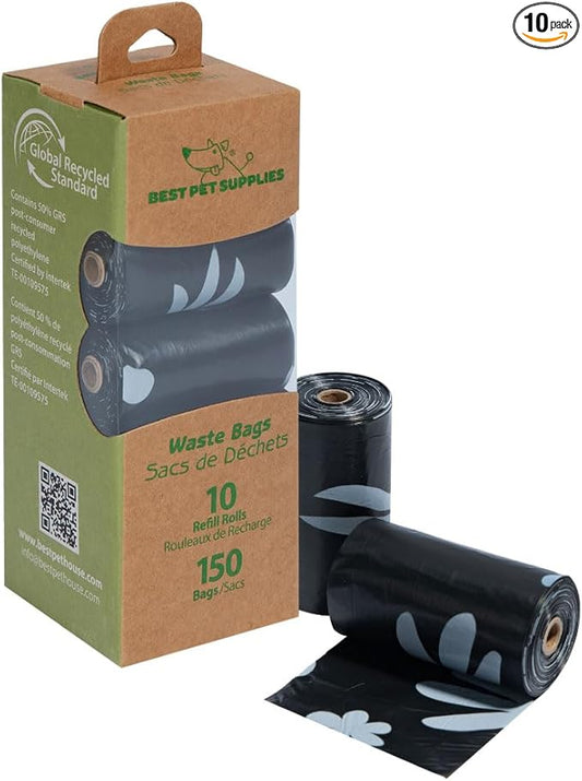 Best Pet Supplies Poop Bags for Dogs, 50% Post-Consumer Recycled Content dog waste bags on rolls, fits all poop bag holders for leashes - Black, 150 Count, Unscented-PawvioPets