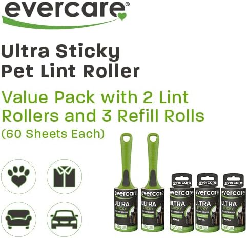 Evercare Ultra Sticky Pet Lint Roller Value Pack with 2 Lint Rollers and 3 Refill Rolls, 60 Sheets Each Multicolor-PawvioPets