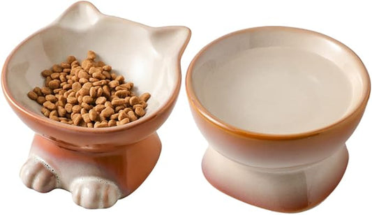 Nihow Elevated Cat/Dog Bowls Set : 5 Inch Ceramic Raised Cat Food & Water Bowl Set for Protecting Pet's Spine - Feeding & Watering Supplies for Pets - Elegant Brown (2 PC)-PawvioPets