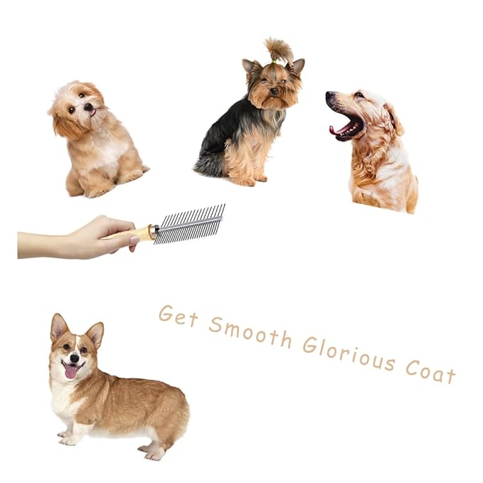 Dog Cat Pet Comb Double-Sided Grooming Brush Metal Comb for Loosening up Removing Mats Debris Tangles and Knots Wooden Handle Stainless Steel Tooth Perfect for Honghair Pets-PawvioPets