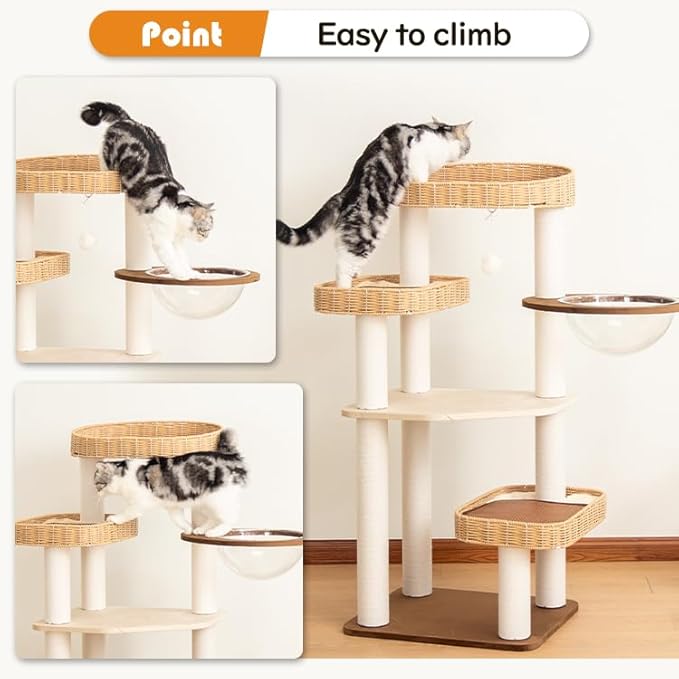 48'' Cat Tree for Large Cats, Modern Cat Tree Multi-Level Condo with Natural Wood, Cat Activity Centre for Medium and Big Pets-PawvioPets