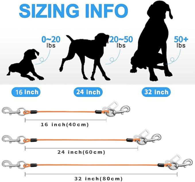 Dog Seat Belt Harness for Car,Dog Seatbelt of Coated Wire Leash Safety Restraint,No Chew Tether Cable Vehicle Dogs Accessories,Double Clips & Latch (Orange, 16 inch/40 CM)-PawvioPets