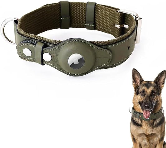 AirTag Dog Collar Soft Leather Webbing Dog Collar for AirTag Provides Double Protection for Small Medium and Large Dogs(Green,S)-PawvioPets