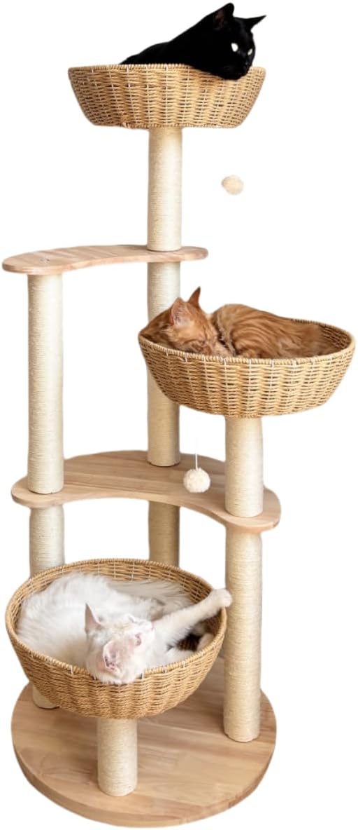 54" Large Modern Cat Trees, Luxury Rattan Oak Solid Wood Cat Trees Towers，3 Weaving Cat Nests & Washable Cool Cushions, Sisal Scratching Posts,Cat Condo for Indoor Cats- Wood Wax Oil Version-PawvioPets