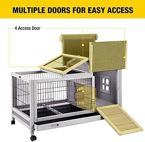 Aivituvin Wooden Rabbit Hutch with Removable Wire Floor Grid, Bunny Cage with Deeper Leakproof Tray 4 Wheels Include-PawvioPets