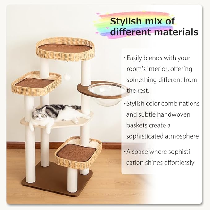 48'' Cat Tree for Large Cats, Modern Cat Tree Multi-Level Condo with Natural Wood, Cat Activity Centre for Medium and Big Pets-PawvioPets