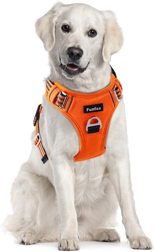 Funfox Dog Harness No Pull, Adjustable Pet Vest Harness, Super Soft Material with Vertical Handle Easy Control, Reflective Night Walking, 2 Leash Clips for XLarge Dogs, Orange, XL-PawvioPets