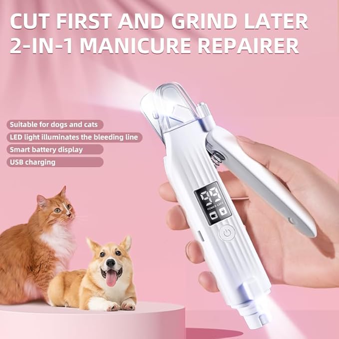 2-in-1 Dog Nail Trimmers & Dog Nail Grinder with 2 LED Lights, USB Rechargeable, Cat Nail Clipper with Splash Guard, and Multiple Grinding Methods for Small, Medium, and Large Dogs & Cats-PawvioPets