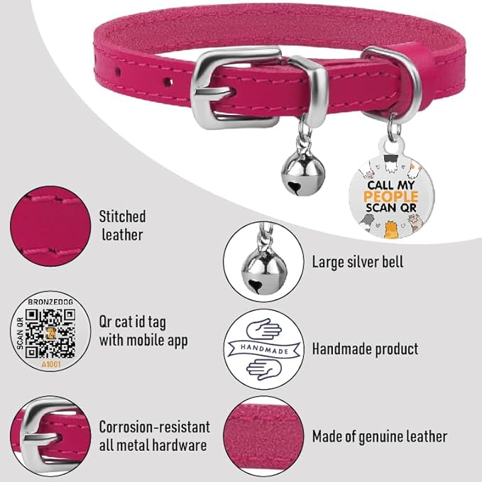 BRONZEDOG Leather Cat Collar with Removable Bells Non Breakaway Kitten QR Tag for Girl Boy (Pink & Silver, 9-12 inch)-PawvioPets