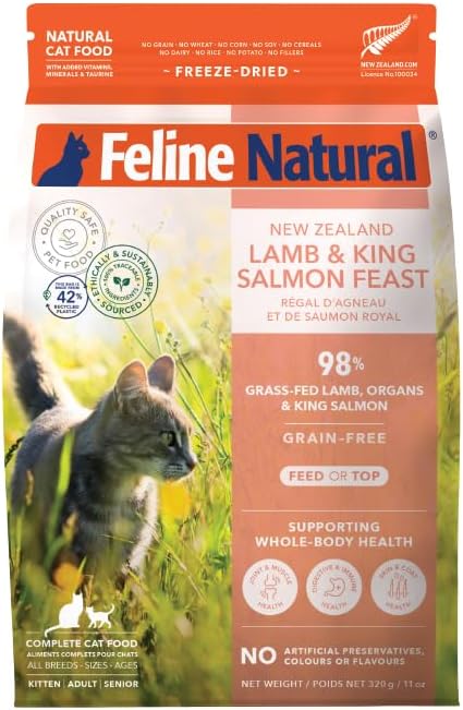 Feline Natural High Protein Dry Cat Food, Freeze-Dried Diet with 98% Meat, Organs & Seafood, No Peas, Grains, or Artificial Additives, Made in New Zealand, Lamb & King Salmon, 11oz-PawvioPets