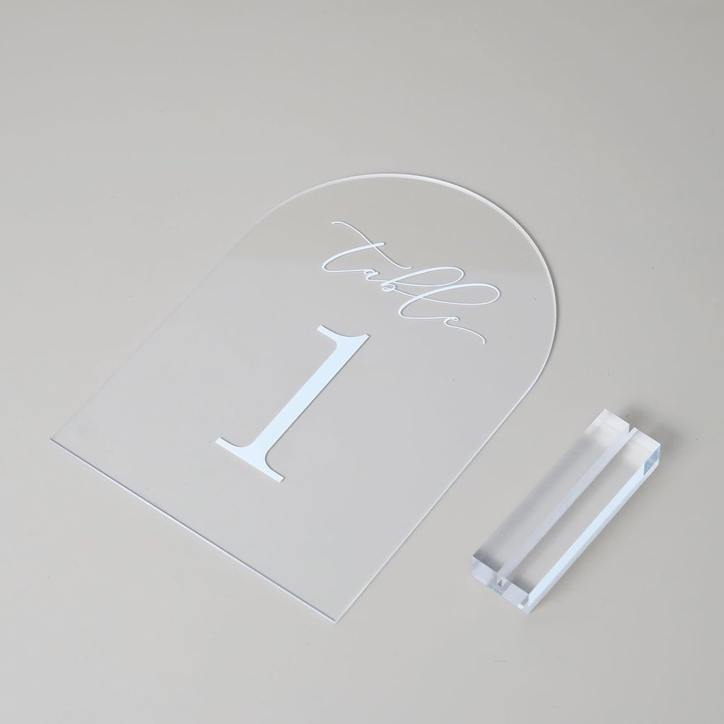 JINMURY Clear Arch Table Numbers for Wedding, 5x7 Inch Arched Acrylic Table Numbers 1-20 with Stands, Clear Acrylic Arch Sign with Holder for Centerpiece, Reception, Wedding, Party, Event