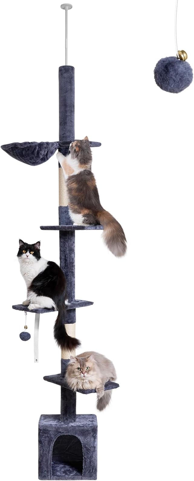 Floor to Ceiling Cat Tree, 5-Tier Height (95-109 inches) - Adjustable Cat Climbing Tower with Sisal Scratching Posts, Cat Condo, Hammock, Platforms, and Hanging Balls-PawvioPets