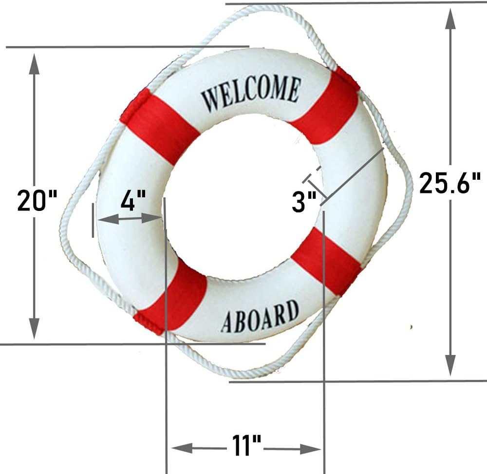 MorroMorn Lifebuoy Wall Hanging Decor - Welcome Aboard Mediterranean Style Home Decoration (Red, 20")