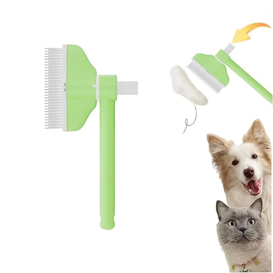 360° Press and Rotate Flea Comb for Cats and Dogs - Self-Cleaning Pet Hair Removal Tool with Release Button & Long-Short Stainless Steel Teeth for Shedding (Green)-PawvioPets