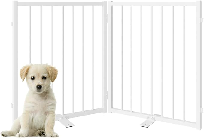 Full Metal Freestanding Dog Gate with Door, 24'' Height Foldable Pet Dog Fence for Indoor & Outdoor, 2 Panels Extra Wide Free Standing Small Dog Gates for Doorways,House,Stairs,Porch,Deck,Yard-PawvioPets