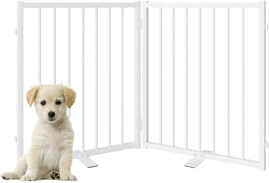 Full Metal Freestanding Dog Gate with Door, 24'' Height Foldable Pet Dog Fence for Indoor & Outdoor, 2 Panels Extra Wide Free Standing Small Dog Gates for Doorways,House,Stairs,Porch,Deck,Yard-PawvioPets