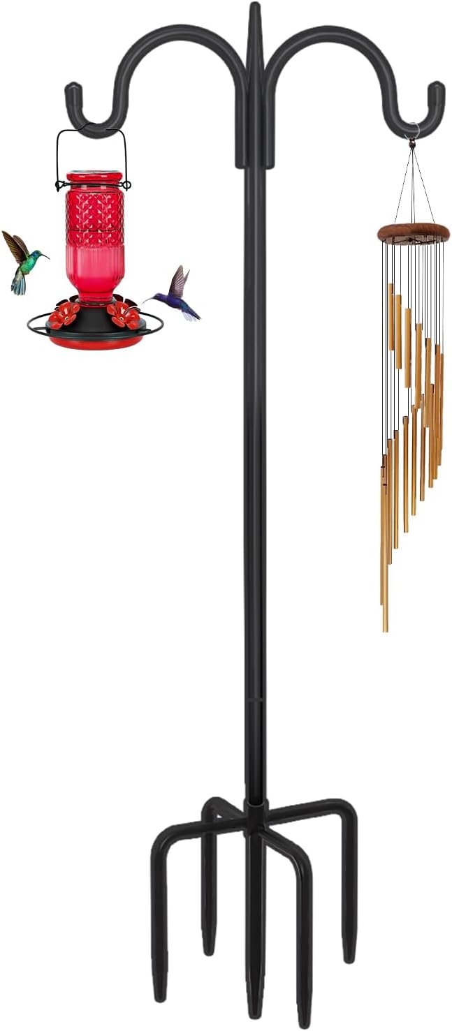 FEED GARDEN Adjustable Double Shepherds Hook for Outdoor with 5 Prong Base 92 Inch Heavy Duty Two Sided Bird Feeder Pole for Hanging Plant Baskets, Solar Light Lanterns, Wind Chimes-PawvioPets