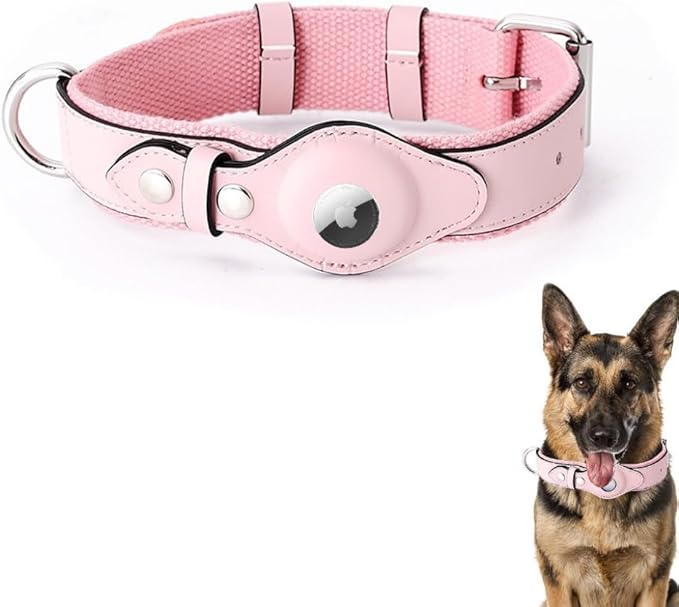 AirTag Dog Collar Soft Leather Webbing Dog Collar for AirTag Provides Double Protection for Small Medium and Large Dogs(Pink,L)-PawvioPets