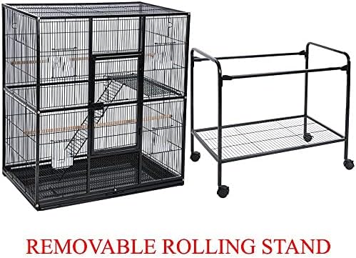 64" Extra Large Double Flight Bird Wrought Iron Double Cage Slide Out Center Divider Side Nesting Box Door Parrot Cage Cockatiel Conure with Removable Rolling Stand Storage Shelf-PawvioPets