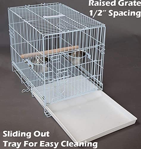 Durable Easy Portable Metal Travel or Veterinary Collapsable Parrot Bird Carrier Beaks Proof Cage with Stainless Steel Feeder Bowls Natural Wooden Perch Stand-PawvioPets