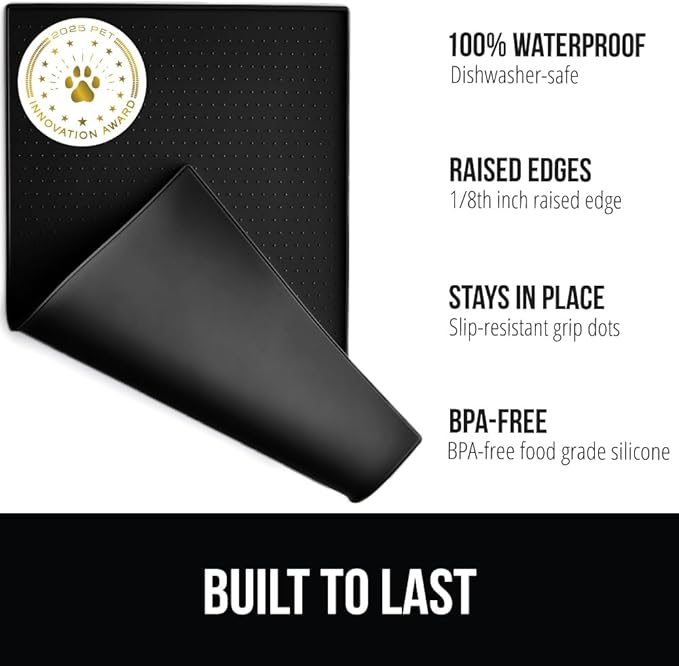 GORILLA GRIP 100% Waterproof Raised Edge BPA Free Silicone Pet Feeding Mat, Dog Cat Food Mats Contain Spills Protects Floors, Placemats for Cats and Dogs Water Bowl, Pets Accessories 16x10, Black-PawvioPets