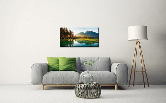 Beautiful Lake Mountain Range Sunrise Sunset Landscape Canvas Wall Art for Living Room, Autumn Forest National Park Scenery, Nature Scenic Picture Print Artwork Painting Decor,Inner Frame 20x40-PawvioPets