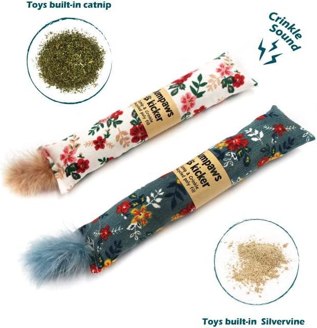 2 Pack Natural Interactive Catnip & Silvervine Cat Kicker with Feathers, Bite Resistant Chew Toy, Crinkle Kicker, Accessories for Indoor Cat, Premium Corduroy Floral-PawvioPets
