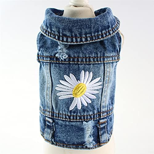 Dog Denim Jacket with Embroidered Daisy, Ripped Vintage Jean Vest for Small Dogs, Pugs, Chihuahuas, Spring Summer Autumn Festival Outfit-PawvioPets