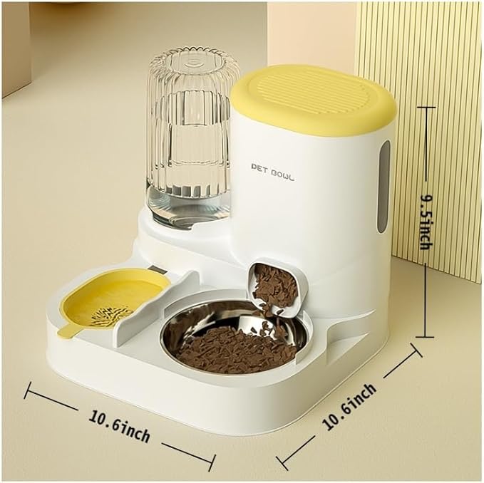 Automatic Cat Feeder & Water Dispenser - Dual Container for Dry/Wet Food, Two-in-One Upgraded Gravity Feeder and Water Dispenser Combo Set for Cats and Dogs.(Yellow)-PawvioPets
