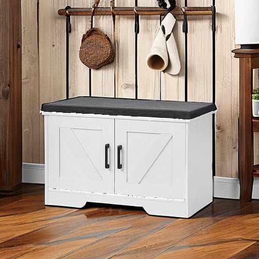 2-Tier Storage Bench, Shoe Bench with Padded Seat Cushion, Entryway Bench with 2 Barn Doors, Adjustable Shelf, 13.8" D x 27.6" W x 17.7" H, for Entryway, Living Room, Bedroom, White-PawvioPets