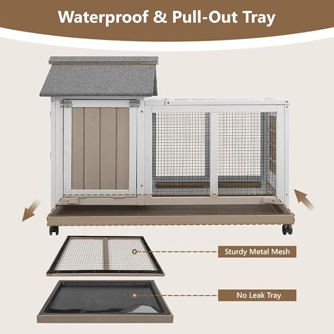 38''L Rabbit Hutch Outdoor Indoor with Wheels, Wooden Expandable 2 Story Bunny House Rabbit Cage with Run, Waterproof Roof, Pull Out Tray, Guinea Pig Cage Chicken Coop for Small to Medium Pets-PawvioPets