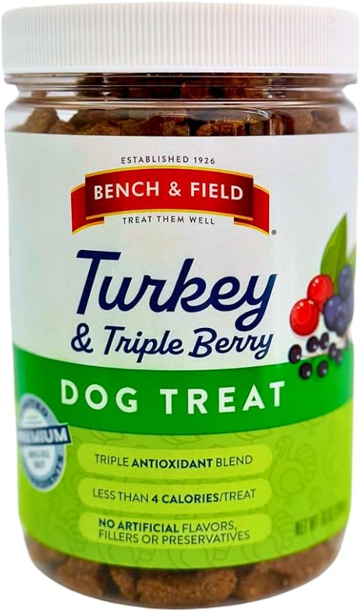 Bench & Field Holistic Natural Turkey & Triple Berry Dog Treats | Crunchy Bone-Shaped Bites | Antioxidant Blend, 10-Ounce Bottle-PawvioPets