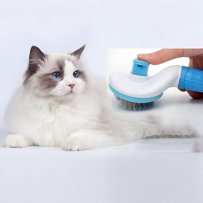 Cat Hair Brush, Cat Brush for Shedding with Metal Comb, Self Cleaning Pet Hair Brush with Release Button - Skin Friendly Deshedding Grooming Brush for Short and Long Haired Cats-PawvioPets