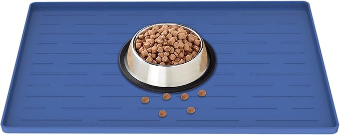 18" x 12" Dog Food Mat, Silicone Pet Mats for Food and Water, Nonslip Pet Feeding Mats for Floors, Dog Cat Bowl Mat with Raised Edges, Lake Blue-PawvioPets