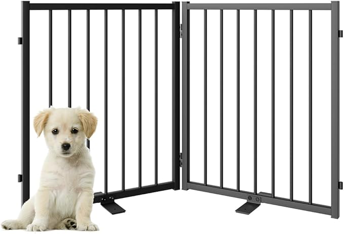 Full Metal Freestanding Dog Gate with Door, 24'' Height Foldable Pet Dog Fence for Indoor & Outdoor, 2 Panels Extra Wide Free Standing SmallDog Gates for Doorways,House,Stairs,Porch,Deck,Yard-PawvioPets