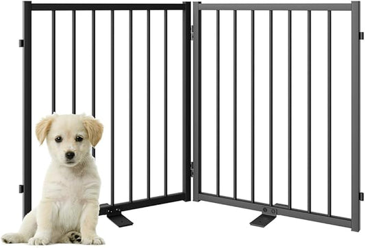Full Metal Freestanding Dog Gate with Door, 24'' Height Foldable Pet Dog Fence for Indoor & Outdoor, 2 Panels Extra Wide Free Standing SmallDog Gates for Doorways,House,Stairs,Porch,Deck,Yard-PawvioPets