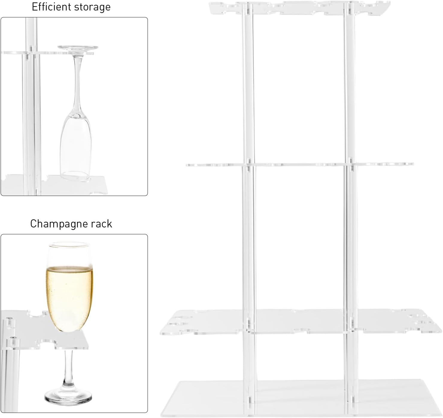 Champagne Tower, Rectangle Acrylic Champagne Display Rack Stand with 32 Slots, 3 Tier Floating Sight Champagne Flute Holder for Party, Wedding, School, Celebration, 17.3x11.8x25.5inch, 2 Pcs