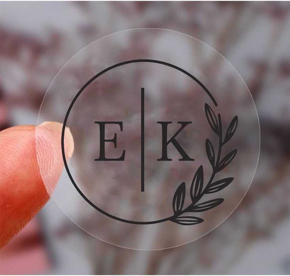 Customizable EK Initials Circle Branch Transparent Stickers 4cm 1.57 Inch Clear Round Modern Botanical Labels Self Adhesive Seals for Wedding Couples Gifts Packaging