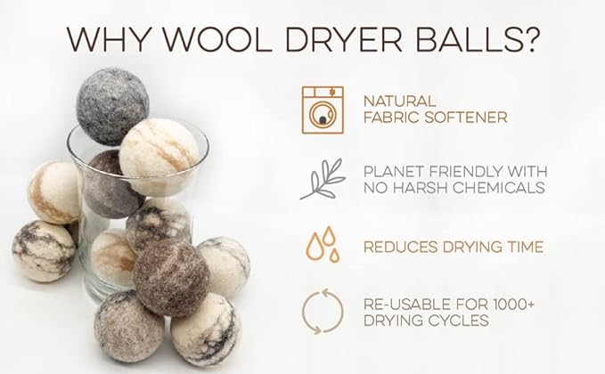 Fluff Ewes Wool Dryer Balls 6 Pack Premium New Zealand Wool Laundry Balls for Dryer, No Static Dryer Balls Laundry Reusable Cute, XL Wool Dryer Balls Cute, Baby Dryer Balls for Dryers - Marble-PawvioPets